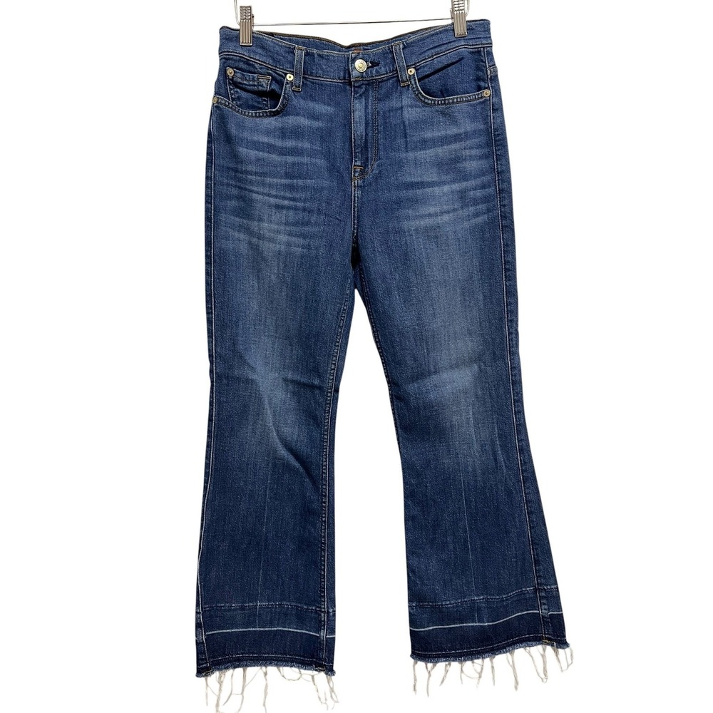 7 For All Mankind Cropped Ali Jeans Size 28 Blue Raw Hem Fringe High Rise Flare